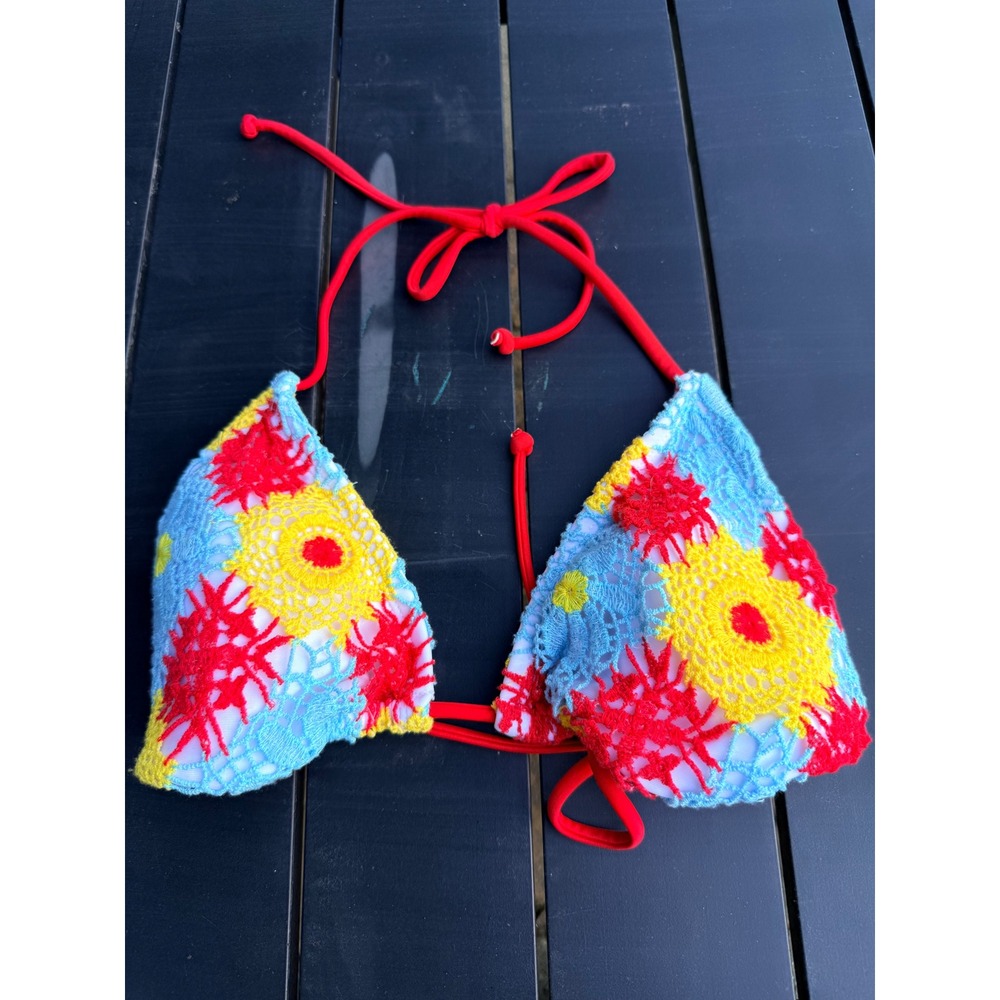Xhilaration Crochet Triangle Bikini Top Red Yellow Blue Floral Halter M